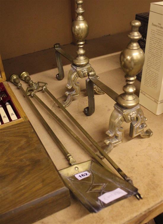 Brass fire irons, pair of fire dogs & pair brass candlesticks